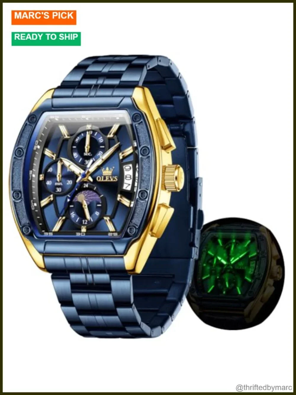 Chronograph Rectangle Face Moon Phase Stainless Steel Strap Quartz Calendar